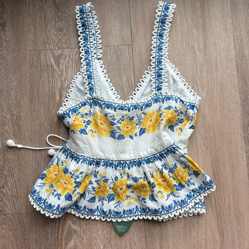 FARM Rio White Wrap Camisole with Yellow Floral & Blue Trim - Picture 2 of 3